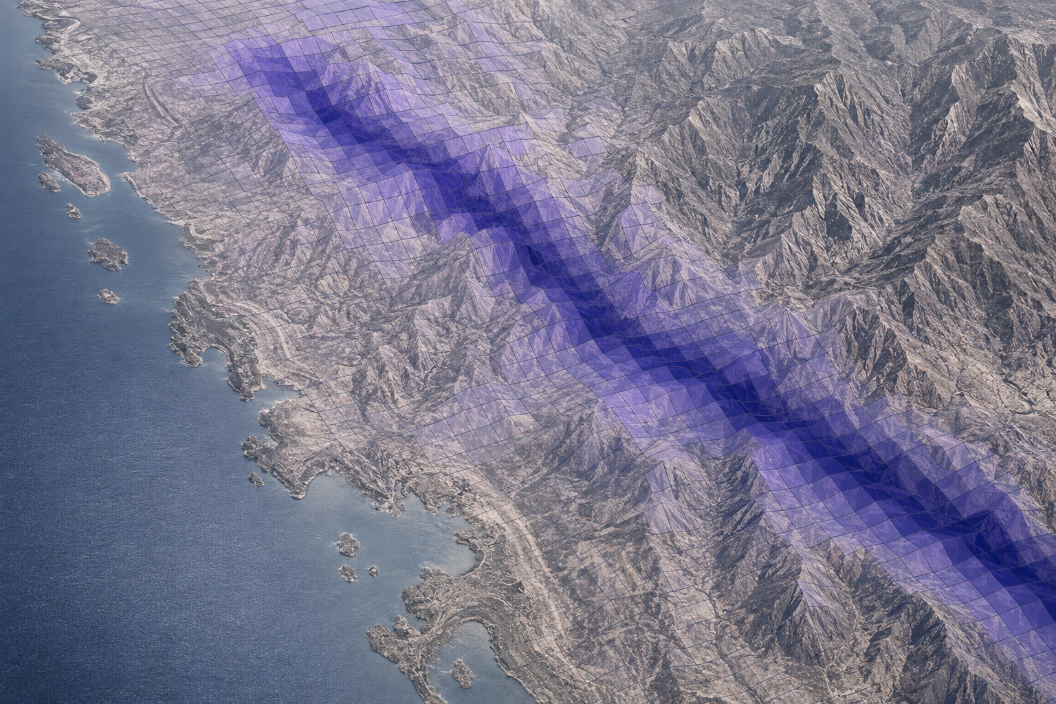 Conceptual earthquake intensity grid over detailed coastal mountain terrain