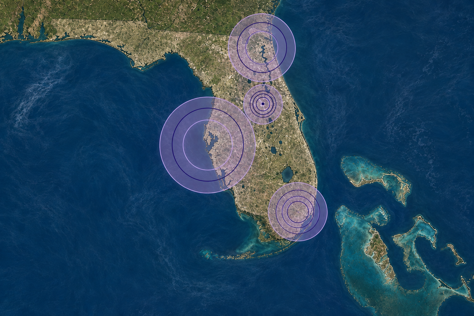 Conceptual Florida map with concentric parametric rings of different radii around cities
